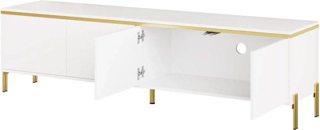 okwish TV Schrank in Weiß mit Goldkante und 4 Türen, moderner Mediaschrank mit Kabelmanagement, B: 170 cm, T: 38 cm, H: 50 cm - Bild 1
