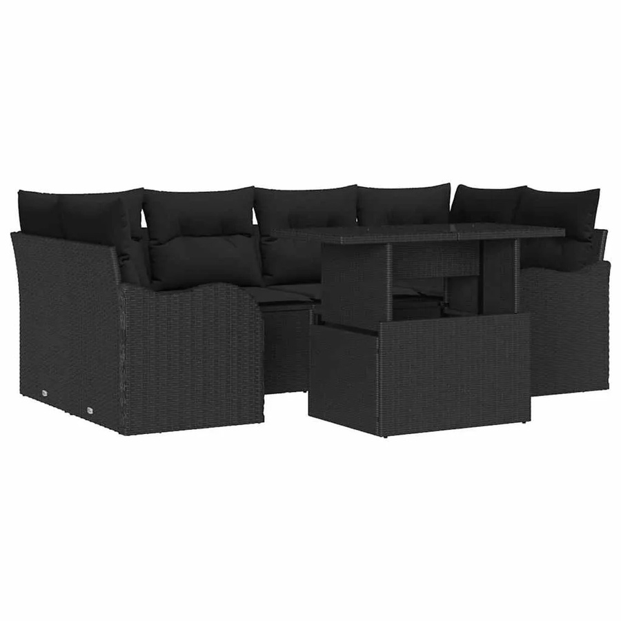 vidaXL Garten-Sofa-Set aus Poly Rattan in Schwarz, 7-teiliges L-Shape Lounge-Set mit Kissen und Tisch - Bild 2