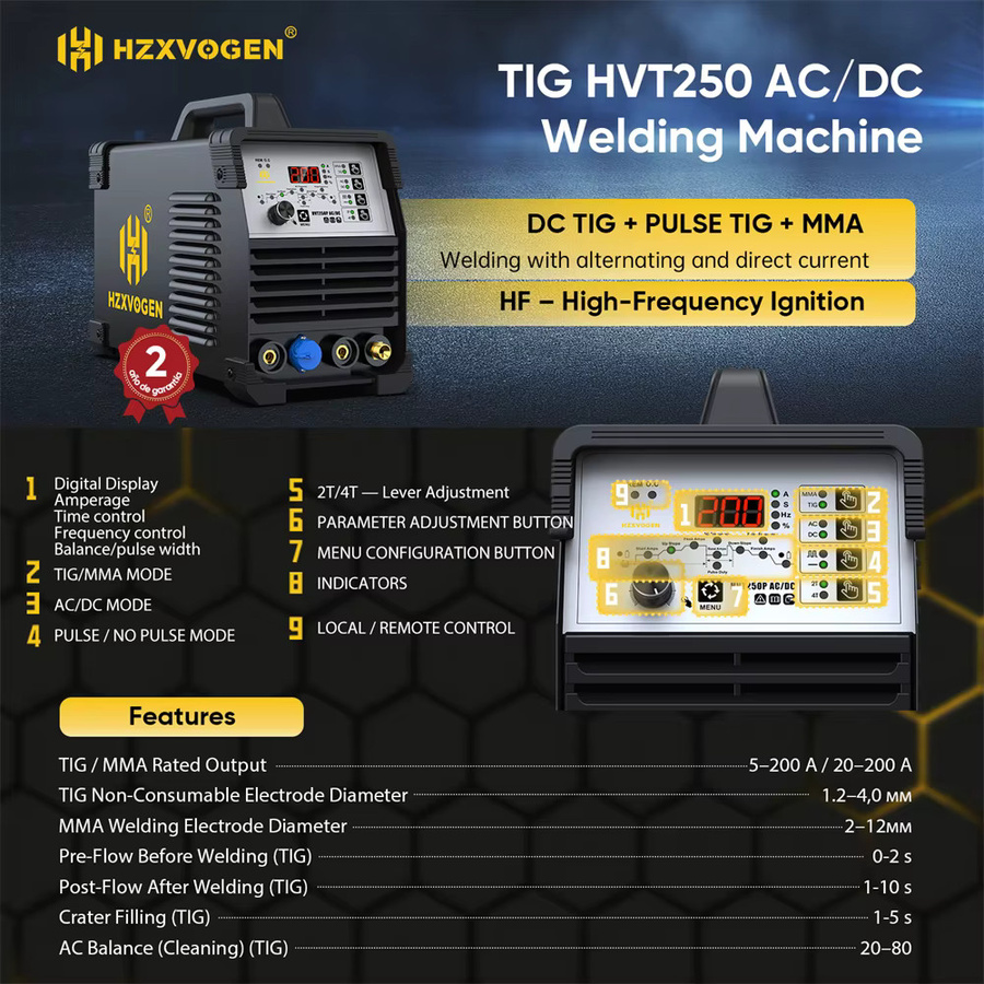 HZXVOGEN HVT250P AC/DC TIG Aluminium-Schweißgerät in Schwarz, 200A Digitales Puls-HF-TIG-Schweißgerät mit MMA ARC und Argon-Funktion, IGBT Inverter-Technologie für Edelstahl inklusive Fußpedal - Bild 3