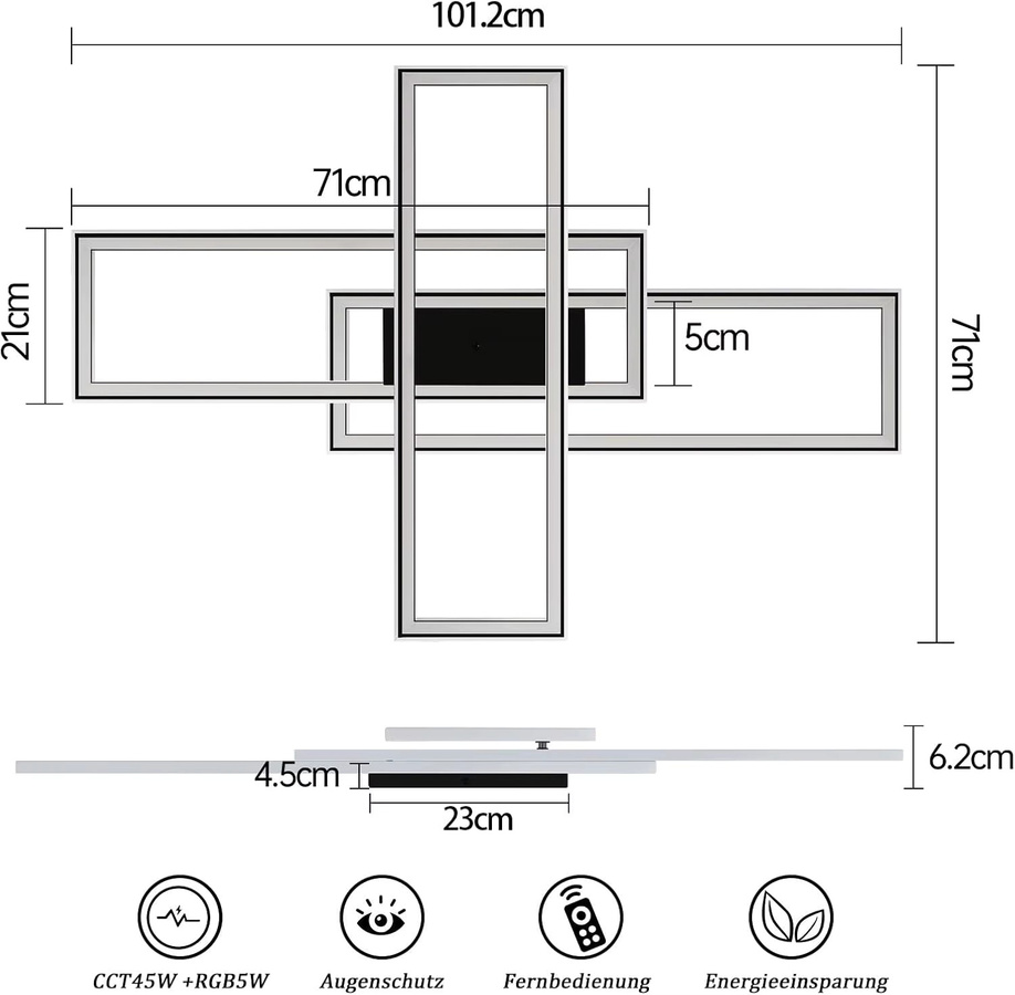 Nettlife LED Deckenleuchte in Schwarz mit RGB Farbwechsel, 50W, dimmbar mit Fernbedienung, modern für Wohnzimmer, Schlafzimmer, Büro oder Gaming-Zimmer - Bild 2