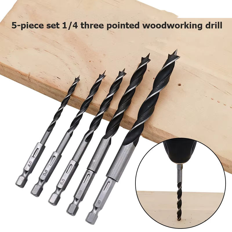 Popolle 5-teiliges Set Dreizack-Holzbearbeitungsbohrer mit 1/4 Sechskantgriff für Holz und Metall, Durchmesser: 4 mm, 5 mm, 6 mm, 8 mm, 10 mm - Bild 2