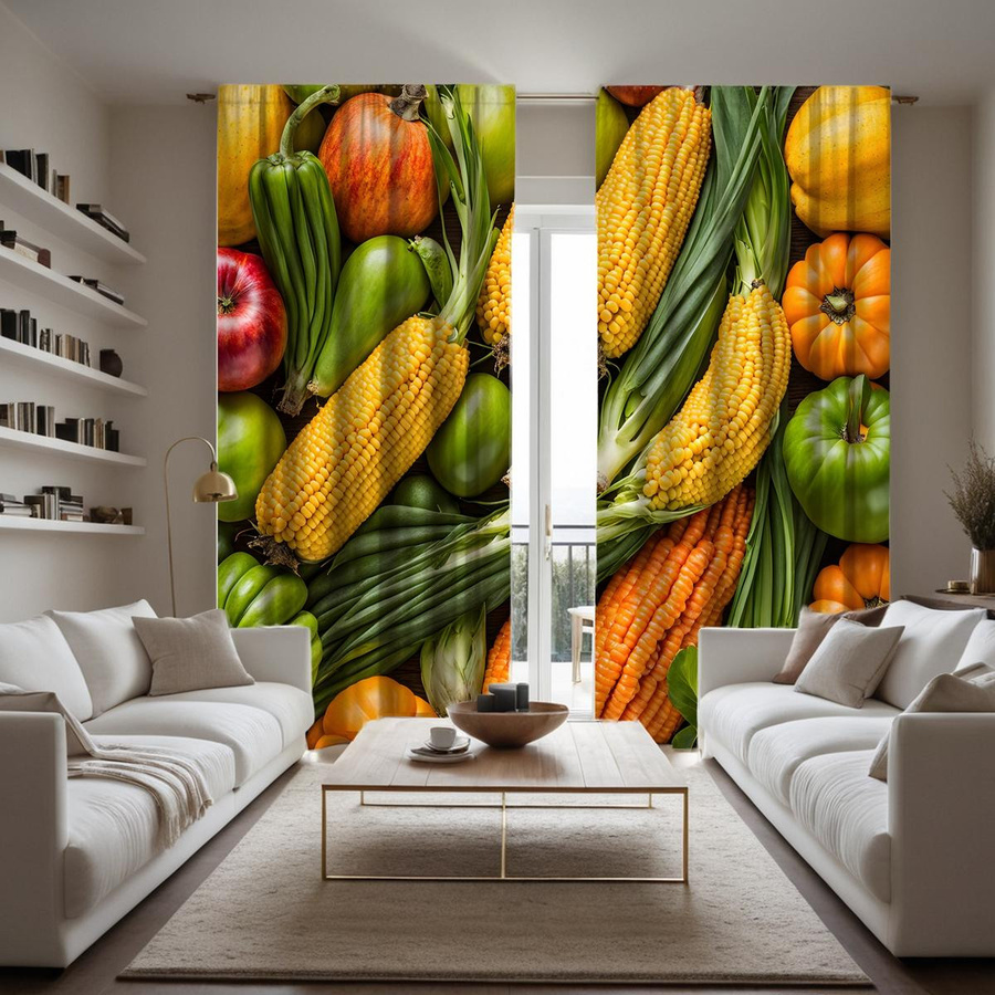 2-teiliges Set MH Vorhang mit Mais-Gemüse-Motiv in Grün und Multicolour, digital bedruckt, semi-transparent, B: 132 cm, H: 160 cm - Bild 2