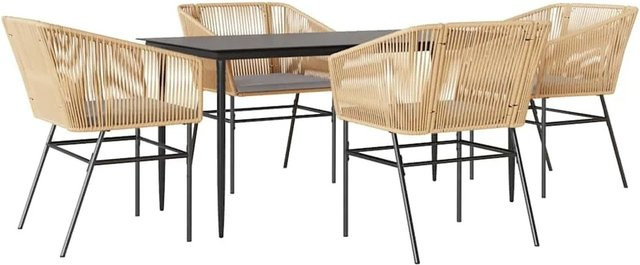 vidaXL 5-teilige Garten-Essgruppe aus Poly Rattan mit Glastisch und Kissen in Braun und Hellgrau - Bild 1