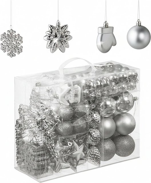 Relaxdays Weihnachtskugeln aus Polystyrol in Silber, 100er Set mit Aufbewahrungsbox - Bild 1