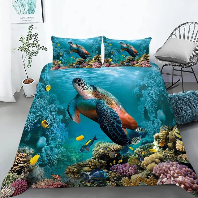 Meeresschildkröten Bettbezug Set King Size aus Polyester in Blau für Teenager, 3-teilig, B/H: 240 x 220 cm - Bild 1