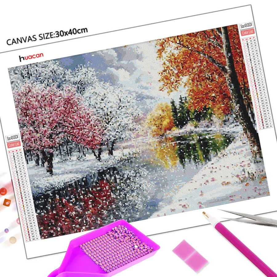 Huacan Diamant-Gemälde Winter-Schneeslandschaft mit gefallenen Blättern, Diamant-Mosaik Wanddekoration in Multicolour, runde Bohrer - Bild 2