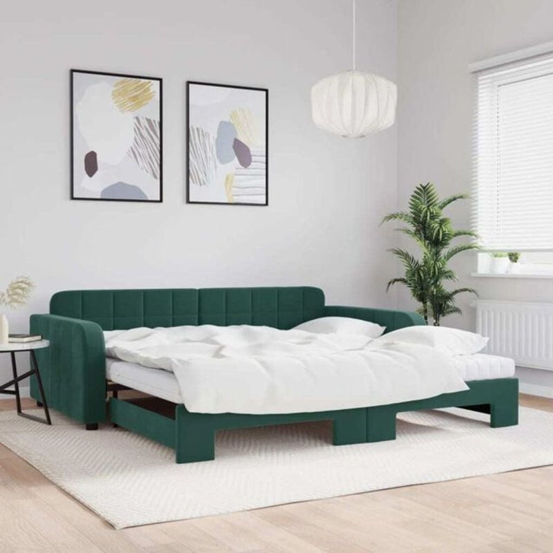 Ausziehbares Funktionsbett mit Matratze von vidaxl in Dunkelgrün aus Samt und Massivholz B/T: 100 x 200 cm - Bild 1