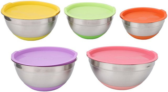 5er Set Edelstahl Rührschüsseln mit Deckel in Bunt, stapelbare Schüsseln zum Backen und Mixen - Bild 1