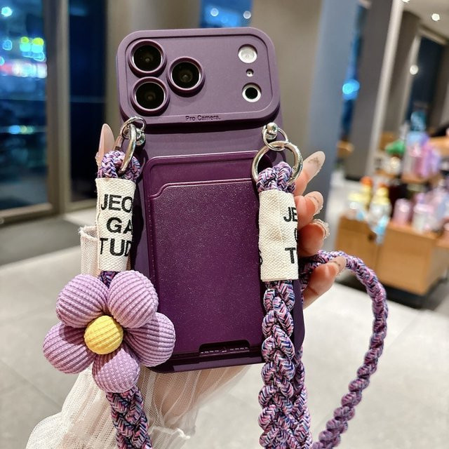 EHUIDE 3D-Blumen-Crossbody-Hülle aus weichem Silikon mit Kartenhalter und gestricktem Trageband für iPhone 12 13 14 15 Pro Max Plus in Pink - Bild 1