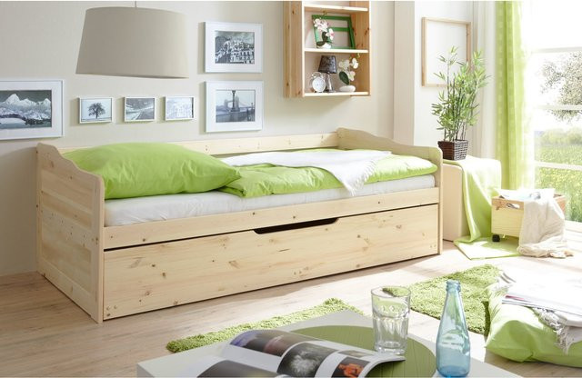 TiCAA Sofabett Marianne aus Kiefer Natur in Braun und Beige mit Auszug für eine zweite Liegefläche - Bild 1