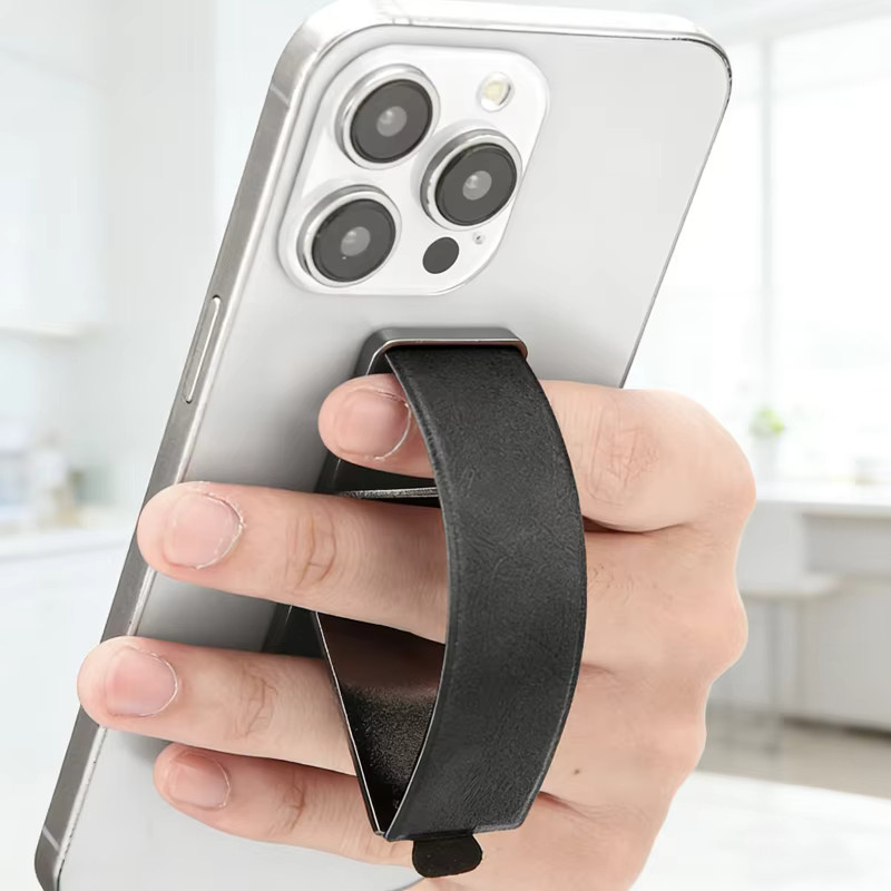 WSSHE Leder-Handy-Fingergriffband mit Metall-Handyhalter, teleskopischer selbstklebender Handy-Ständer für Smartphones in Schwarz oder Braun - Bild 2