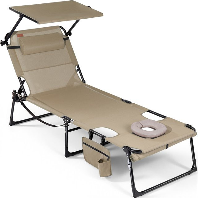 HOMECALL Gartenliege mit Sonnendach und Gesichtsöffnung in Beige, klappbare Sonnenliege aus Metall mit verstellbarer Kopfstütze, belastbar bis 180 kg - Bild 1