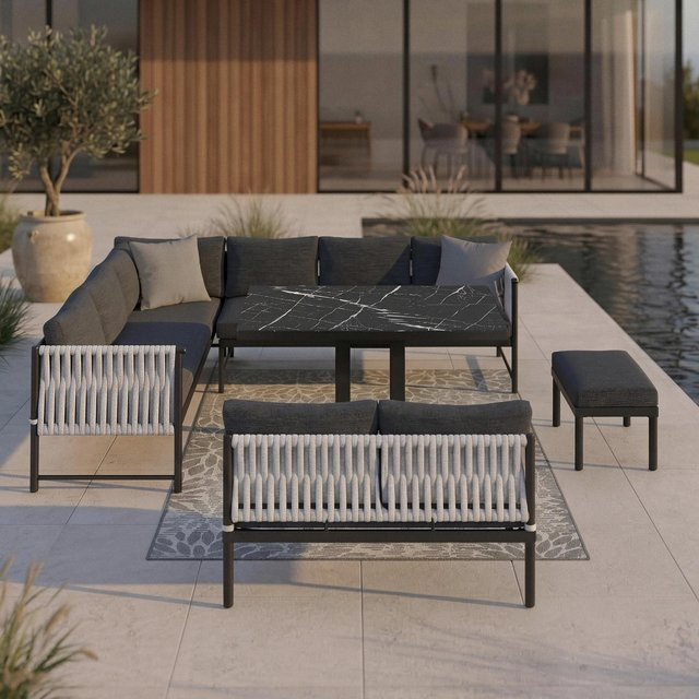Bessagi Garden Dining-Loungeset Polly in Schwarz und Grau mit Outdoorstoff und Metallgestell - Bild 1