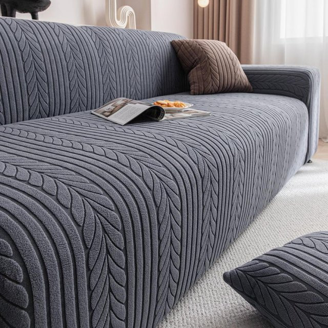 YiLi-Studio Kratzfester Sofabezug aus elastischem Jersey in Grau, gestreift, für Katzen geeignet, Breite: 235-300 cm - Bild 1