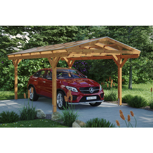 Skan Holz Carport Westerwald aus Fichte Leimholz in Eiche Hell mit Doppelstegplatten und spitzer Dachform, B/T: 362 x 648 cm, Höhe: 281 cm - Bild 3