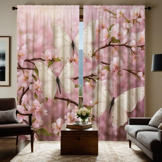 2er-Set semi-transparente Vorhänge mit Kirschblüten- und Schmetterlingsmuster in Grau und Rosa, B: 132 cm, H: 160 cm - Bild 1