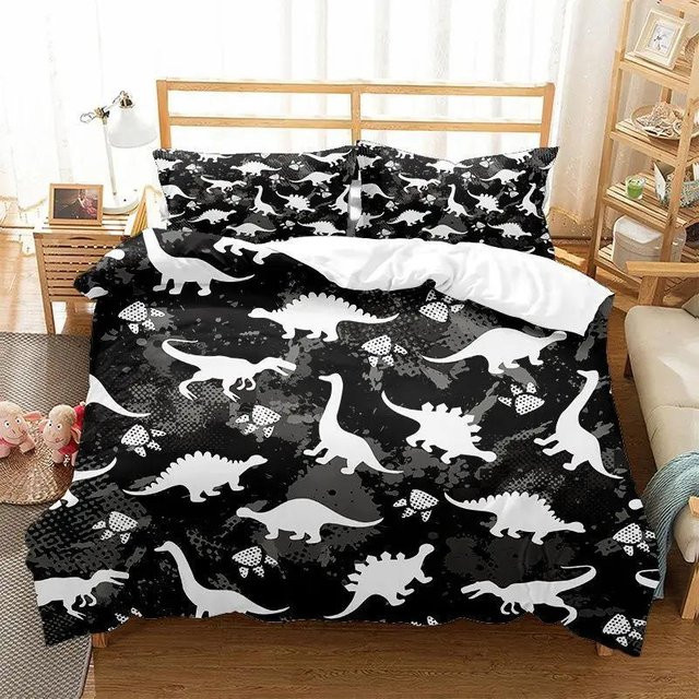 Bettwäsche Set mit Dinosaurier Skelett Druck aus Mikrofaser für Kinder, bestehend aus 1 Bettbezug und 2 Kissenbezügen, B/H: 135 x 200 cm - Bild 1