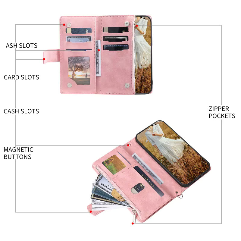 Xiaomi Leder Flip Wallet Cover mit Gitter-Reißverschluss-Tasche für Redmi Note 15 14 13 12 11 Pro Plus und Redmi 15C 15 A5 14C 13C 12C - Bild 3