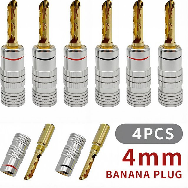 4 Stück Bananenstecker aus 24K vergoldetem Kupfer BFA 4mm Lautsprecherstecker Schwarz und Rot - Bild 1