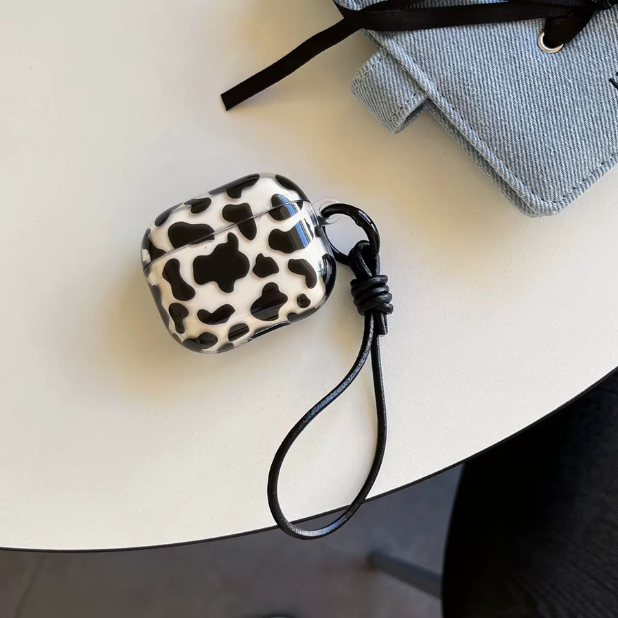Leder-Lanyard Kopfhörerhülle mit Kuhmuster für Apple AirPods 1, 2, 3, 4 und Pro in Schwarz-Weiß - Bild 4