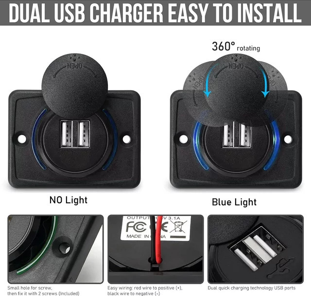 kebidumei Dual-USB-Autoladegerät mit Schnellladung und LED-Licht in Schwarz für Auto, Boot, Bus und Wohnmobil - Bild 1