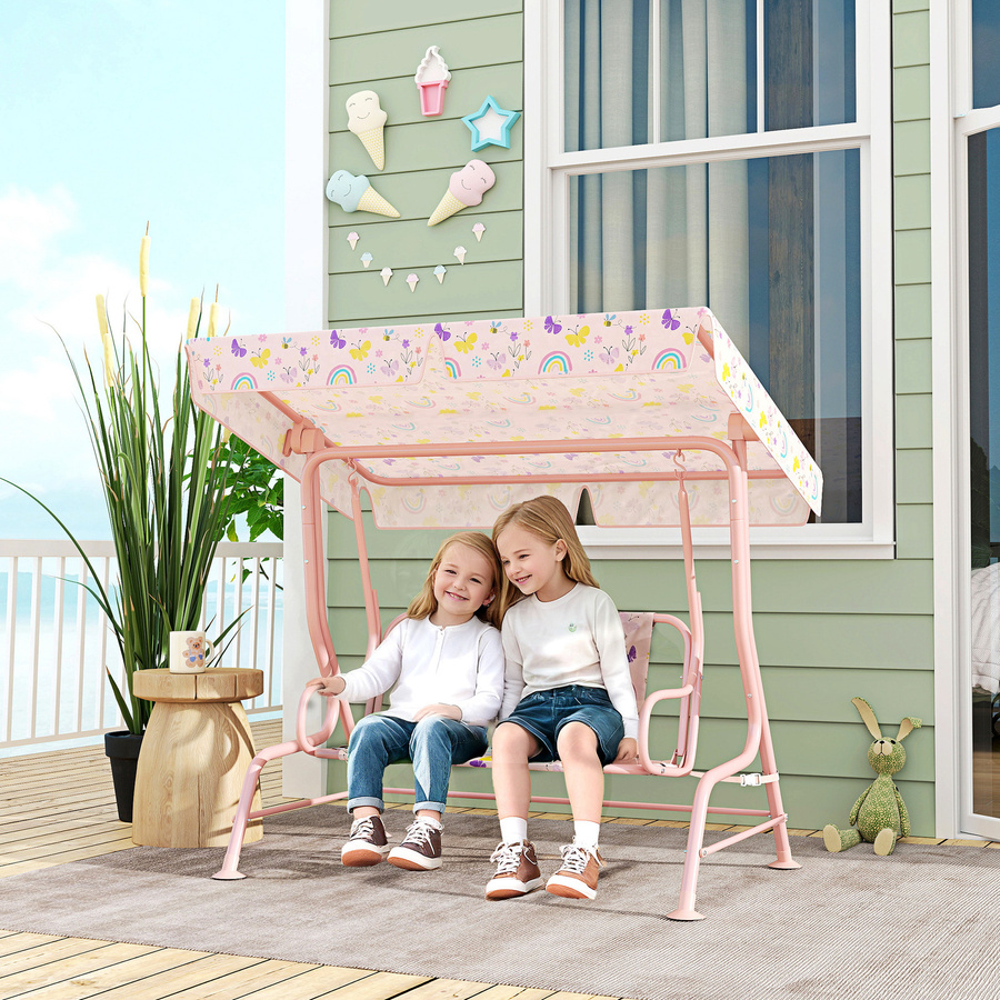 AIYAPLAY Kinder Hollywoodschaukel 2-Sitzer mit verstellbarem Sonnendach und Sicherheitsgurt, Rosa/Regenbogenmuster, B/T/H: 110 x 74 x 113 cm - Bild 2