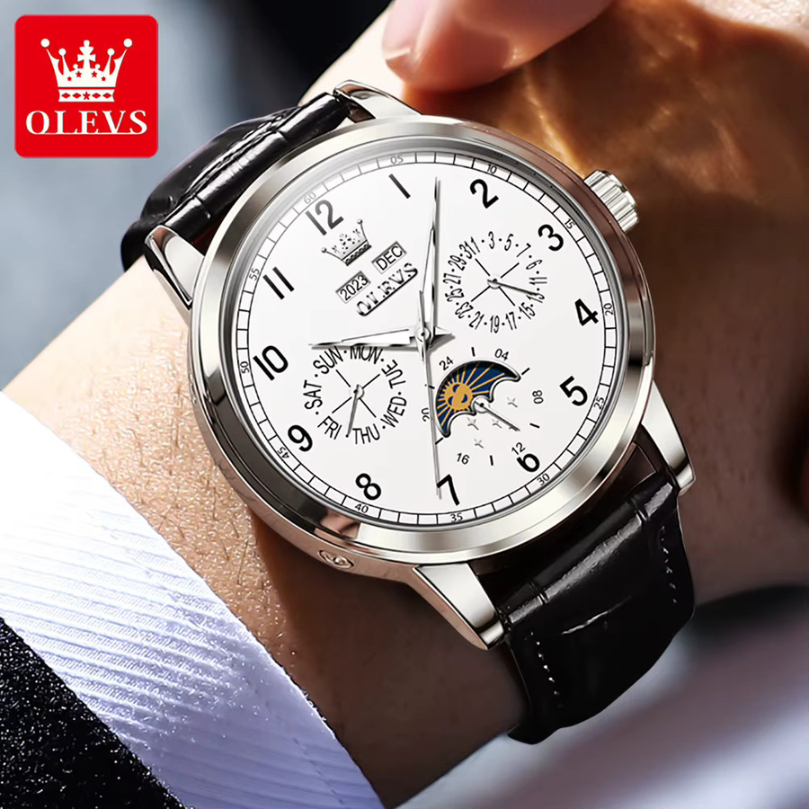 OLEVS Armbanduhr, Automatik, Edelstahl, Leder, Mondphase, Herren - Bild 5