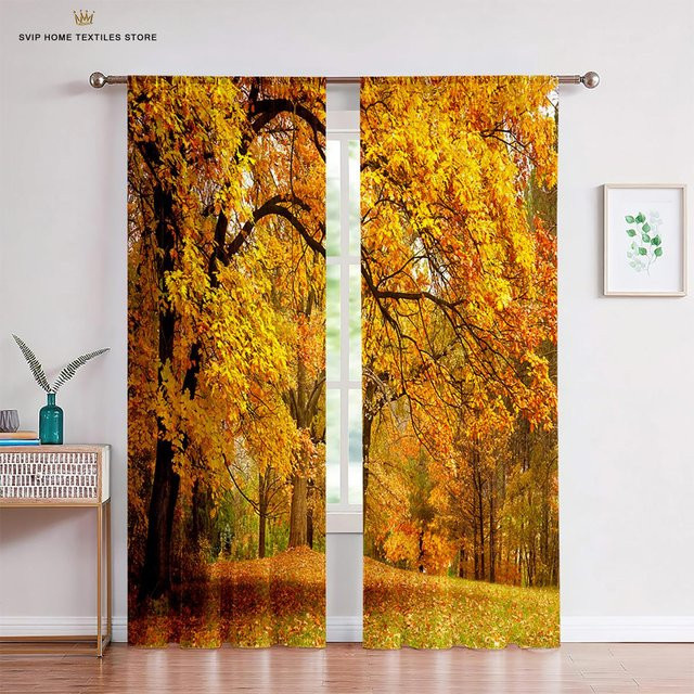Yiran Furniture 3D Vorhang mit Baumlandschaft und Herbstwald Sonnenuntergang, 2er-Set aus Polyester, Multicolour, Breite: 50 cm, Höhe: 130 cm - Bild 1