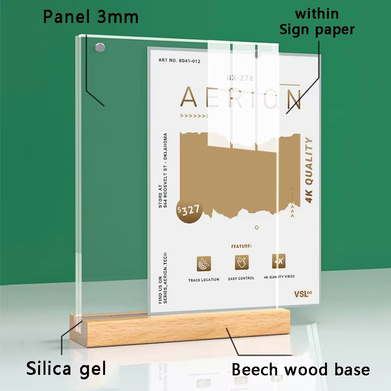 Doppelseitiger Kartenhalter aus Massivholz und Acryl in Braun für A4-Displays - Bild 3