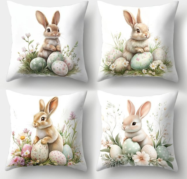 ZZN Osterhasen Kissenbezug aus Polyester mit Grafikprint, quadratisch, Mehrfarbig, Breite: 45 cm, Höhe: 45 cm - Bild 1