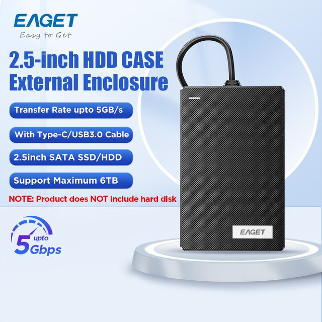Eaget 2,5-Zoll SATA SSD HDD Gehäuse in Schwarz mit USB-C und USB 3.0 für Desktop, Laptop, Router, TV und PS4, bis zu 6 TB Kapazität - Bild 1