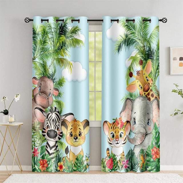 A Family Of Home Textiles Safari Tiere Vorhang mit Dschungel Wald Print für Kinder und Babyzimmer, Weiß/Blau, Breite: 100 cm, Höhe: 130 cm - Bild 1