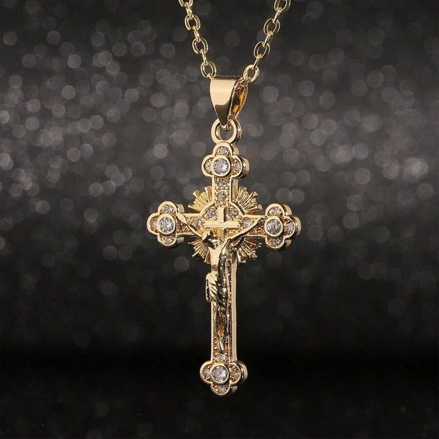 Rui Di Anhänger Halskette, Jesus Kreuz, Gold, Zirkonia, Unisex - Bild 1