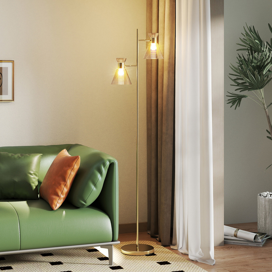 HOMCOM Stehlampe in Gold mit 2 verstellbaren Glas-Blumenschirmen, E27-Fassung und Fußschalter - Bild 2