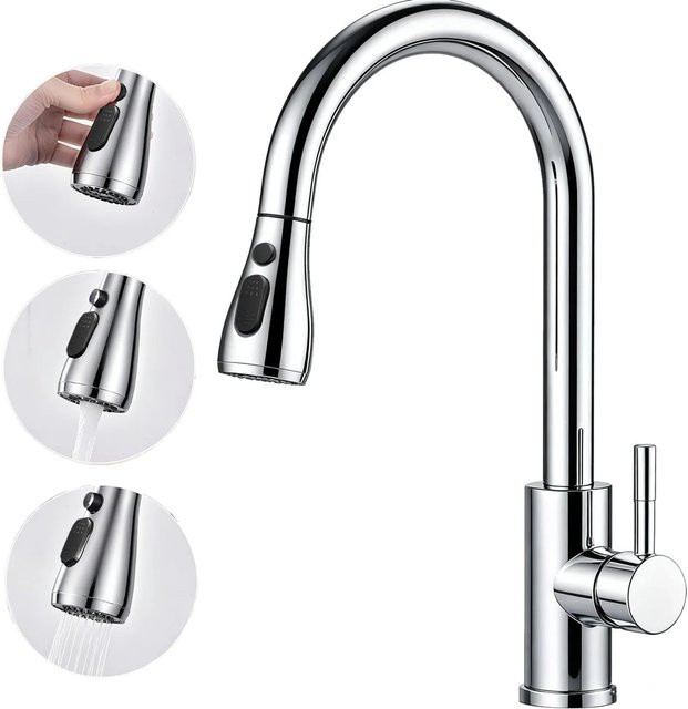 AICA Küchenarmatur ausziehbar mit zwei Wasserauslassmodi und 360 Grad drehbarem Schwenkauslauf in Chrom - Bild 1