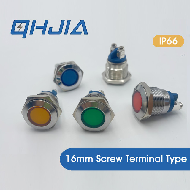QHJIA LED-Signalleuchte in Rot, IP66 wasserdichte Metall-Signalleuchte für Industrieanlagen, 16mm Rund, Silber - Bild 1