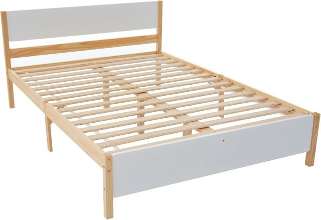 okwish Holzbett aus Kiefer und MDF in Weiß mit Kopfteil und Lattenrost für Jugendliche, B/T/H: 140 x 200 x 147 cm - Bild 1