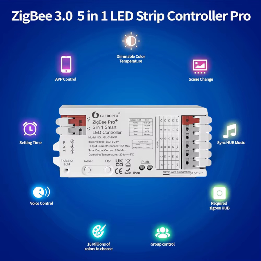 CENFAYA Intelligenter ZigBee 3.0 LED-Controller 5-in-1 für RGBWW RGBW RGB CCT COB LED-Streifen, 12V 24V 20A, kompatibel mit Alexa - Bild 2