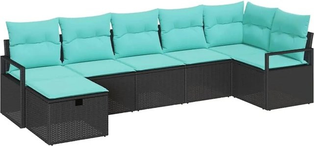 vidaXL Sofa Set 7-tlg. aus Poly-Rattan mit Kissen in Schwarz und Türkis - Bild 1