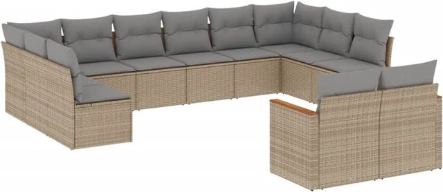 vidaXL 12-tlg. Garten-Sofagarnitur in L-Form aus Poly-Rattan und Akazienholz mit Kissen in Beige - Bild 1