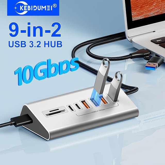 kebidumei USB 3.2 Dockingstation Typ C mit 8/9 Ports und Kartenleser, Aluminiumlegierung, Silber - Bild 1