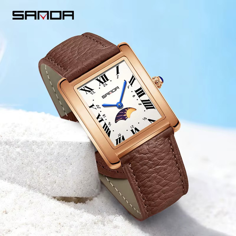 SANDA Armbanduhr, Quarz, Lederarmband, Mondphase, Schwarz, Damen - Bild 2