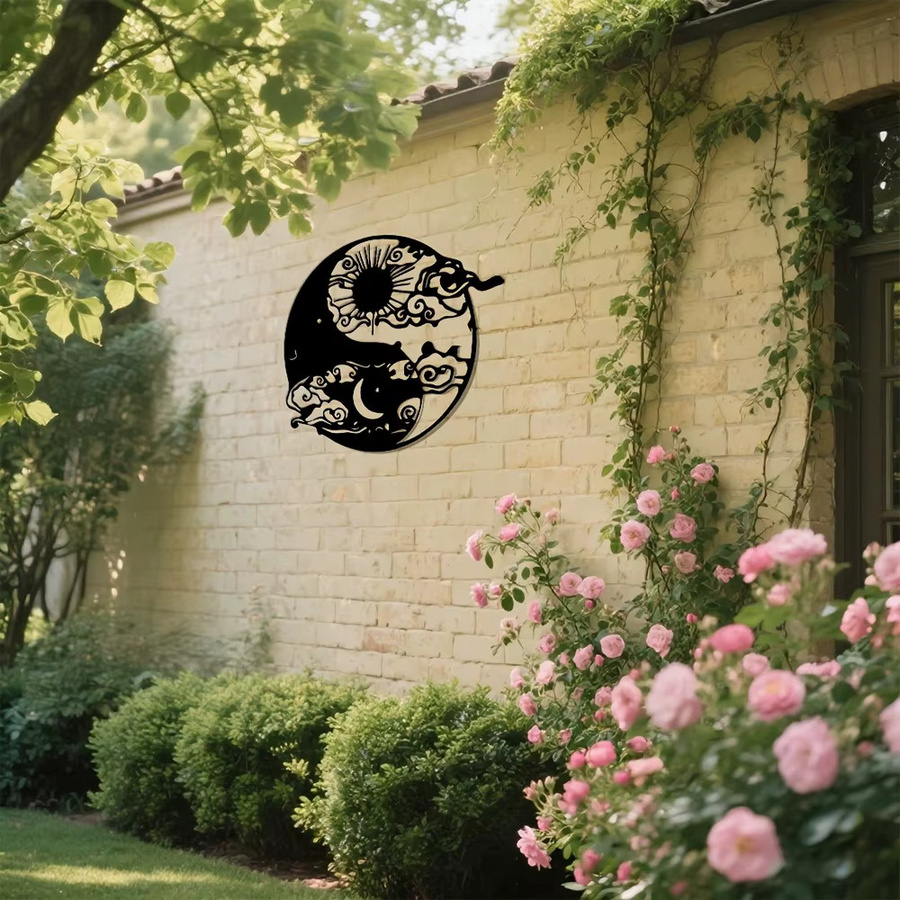 CIFBUY Yin Yang Sonne Mond Wandkunst aus Metall in Schwarz als abstrakte 2D Eisenskulptur zur Wandmontage - Bild 4