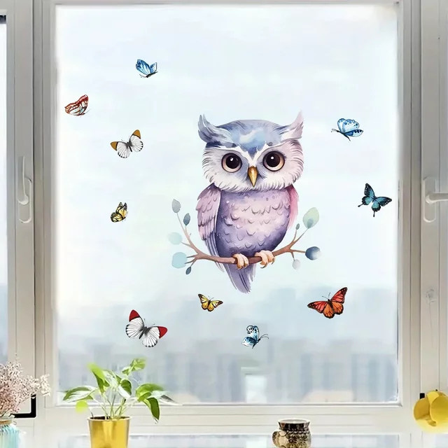 BRUP Wandtattoo mit Eule, Schmetterlingen und Zweigen in Mehrfarbig für Kinderzimmer und Wohnzimmer als Fensteraufkleber - Bild 1