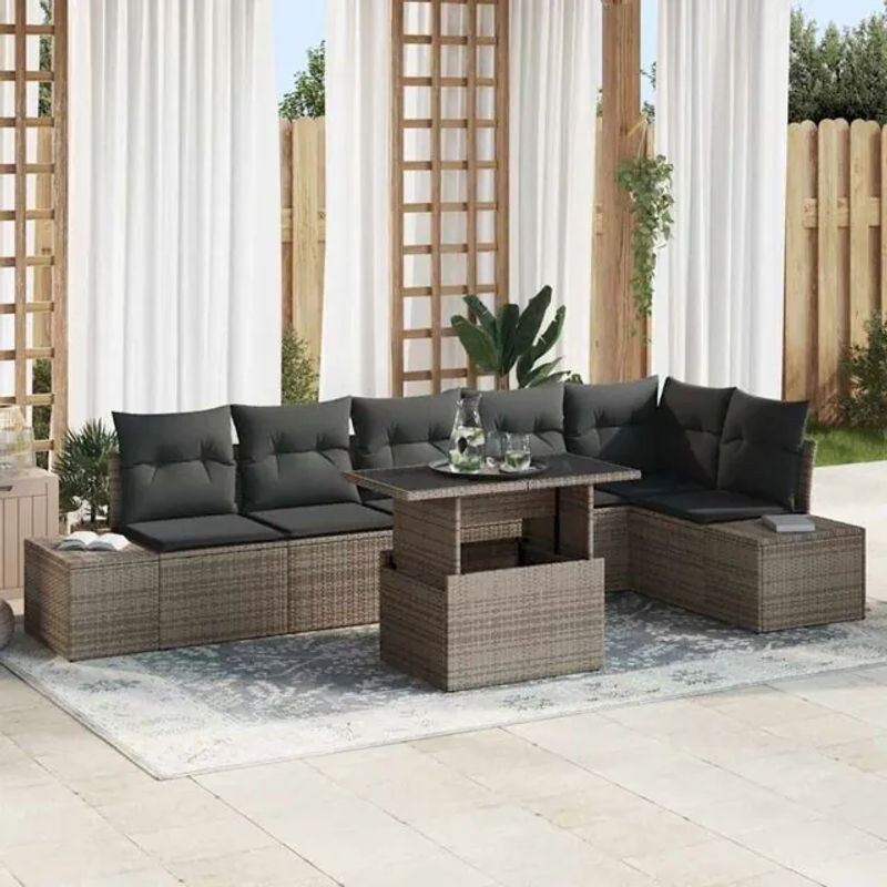 Vidaxl Garten-Sofa-Set aus Poly-Rattan mit Speicherfunktion in Grau, 7-teilig, modern - Bild 1