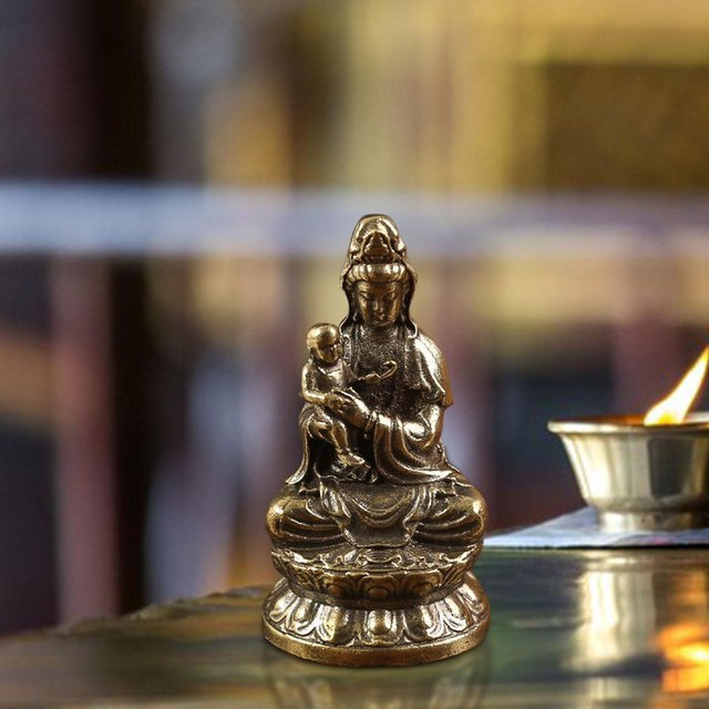 Homyl Guanyin Statue Buddha Figur Gold – Buddhistische Göttin der Barmherzigkeit mit Kind für Feng Shui Dekoration - Bild 1