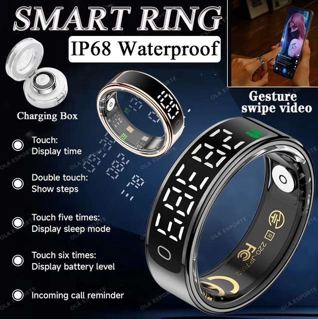 Ola Esporte Smart Ring 2026 mit Display und Touch, kabelloses Laden, Gesundheitsmanager und 5 ATM wasserdicht, Unisex, Gold oder Black - Bild 1
