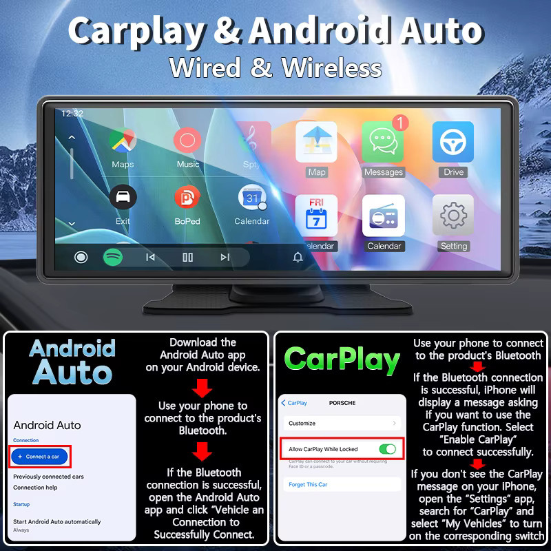 Hippcron Autoradio mit 10,26-Zoll-Bildschirm, Multimedia-Videoplayer mit GPS, kabellosem CarPlay, Android Auto und Mirror Link, Schwarz - Bild 2
