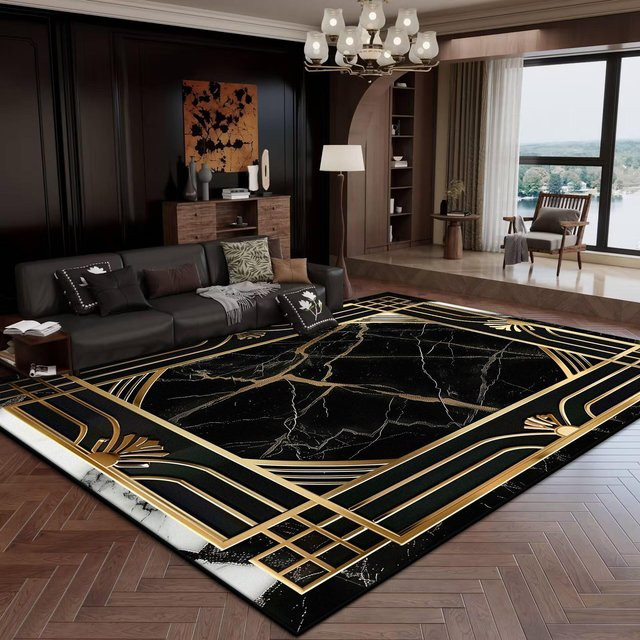 Moderner Teppich Karpetti in Schwarz-Gold, waschbar und rutschfest, B/T: 120 x 80 cm - Bild 1