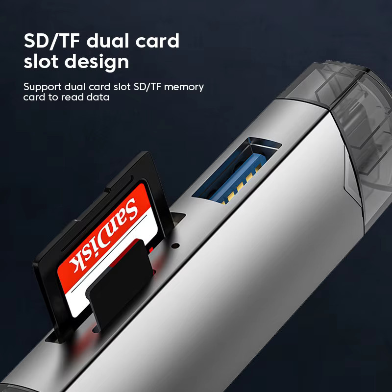 QUERPXAF 6-in-1 USB-C Multifunktions-Kartenleser mit USB 3.0, Micro-TF und SD-Adapter in Grau - Bild 3
